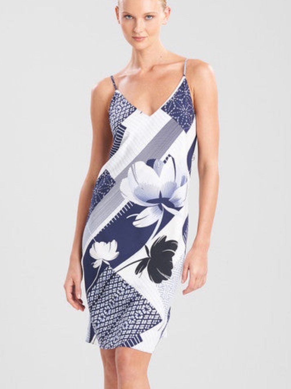 Natori Kabuki Slip Dress Indigo Combo Blue White Floral Geometric Pattern S EUC